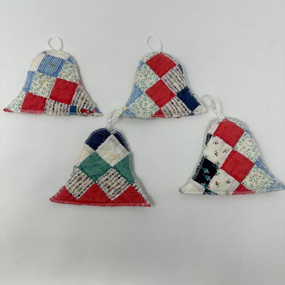 Vintage Hand Quilted Christmas Ornaments‎ Bells Lot of 4